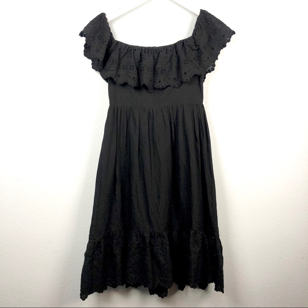 LoveShackFancy black eyelet off the shoulder dress